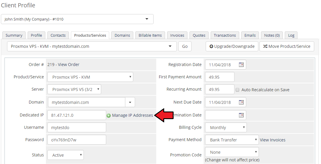 IP Manager 2.5.X For WHMCS: WHMCS admin client profile, Products/Services tab with Manage IP Addresses next to