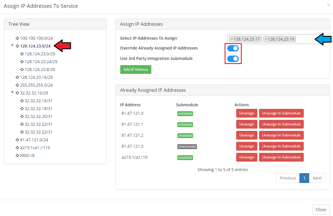IP Manager 2.5.X For WHMCS: Assign IP Addresses To Service window with subnet tree, IP selection and assigned IP list