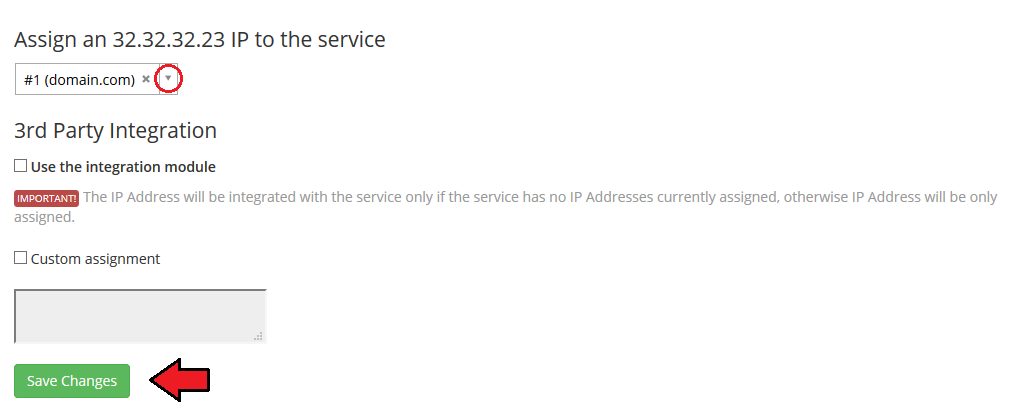 IP Manager 2.5.X For WHMCS: Assign IP to the service page with a service selected and the Save Changes button