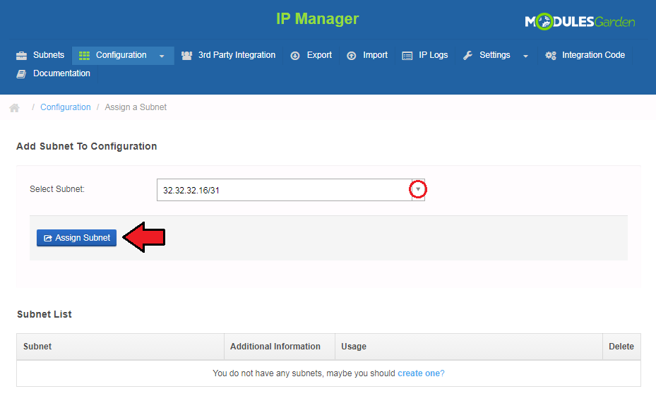 IP Manager 2.5.X For WHMCS: Assign a Subnet page with the subnet dropdown and the Assign Subnet button