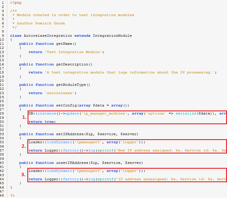 IP Manager 2.5.X For WHMCS: PHP code of AutoreleaseIntegration with setConfig, setIPAddress and unsetIPAddress marked