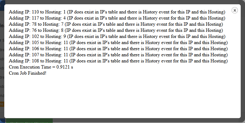 IP Manager 2.5.X For WHMCS: popup with the IP Addresses Cleaner log of actions and the cron job finished message