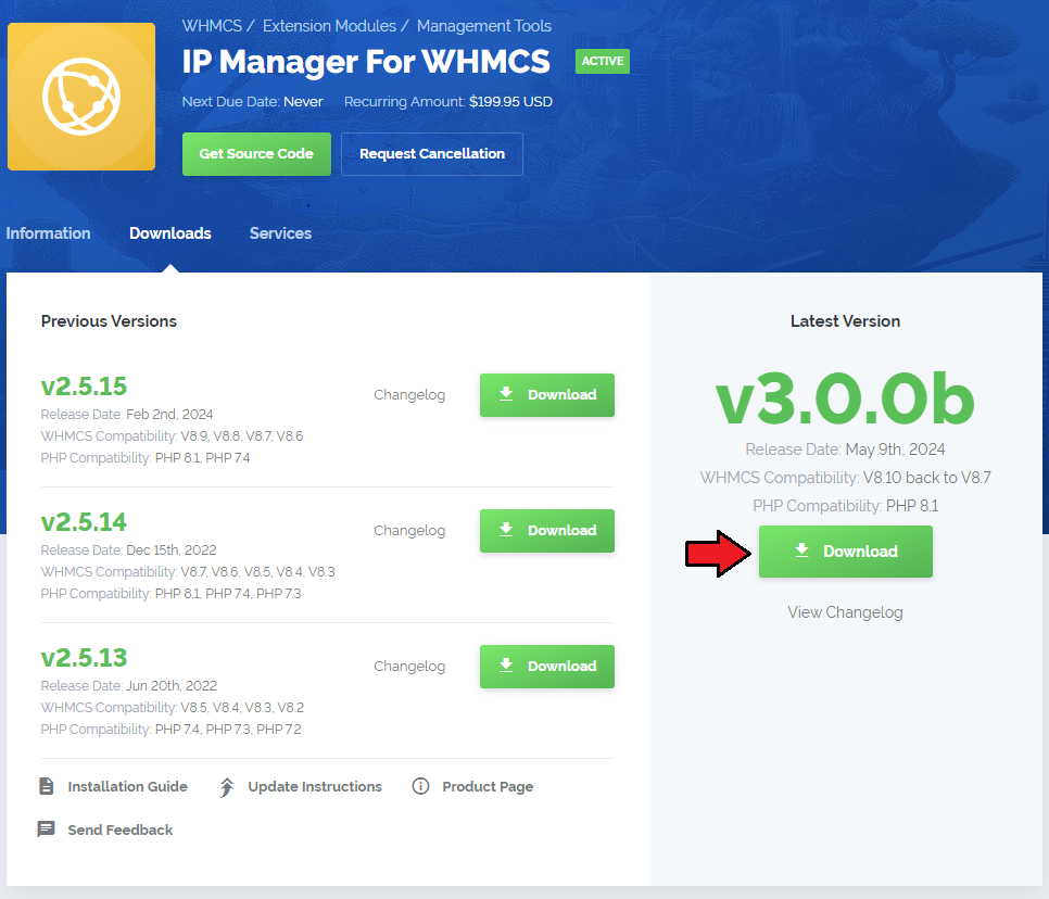 IP Manager 2.5.X For WHMCS: client area product page with the Download button for the latest module version
