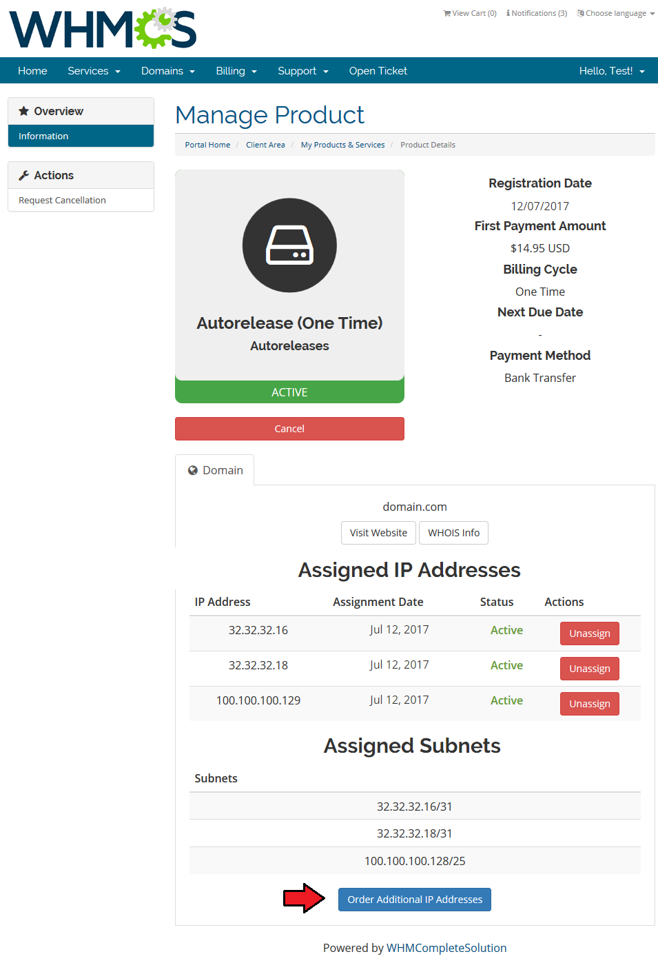 IP Manager 2.5.X For WHMCS: WHMCS client area product page with the Order Additional IP Addresses button highlighted
