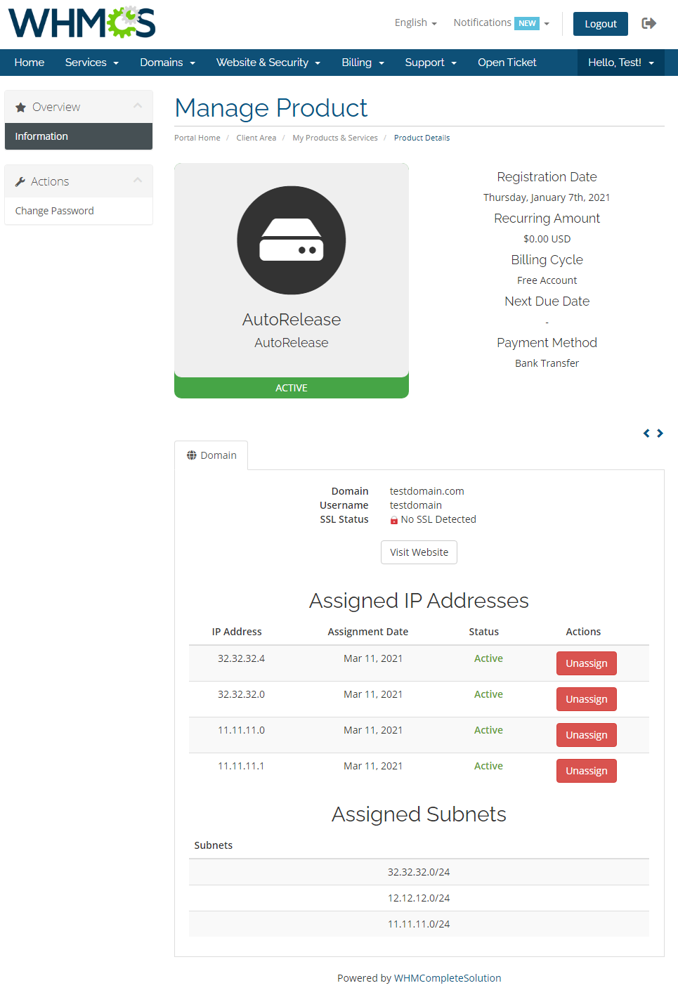IP Manager 2.5.X For WHMCS: WHMCS Six theme client area Manage Product page with Assigned IP Addresses and Subnets