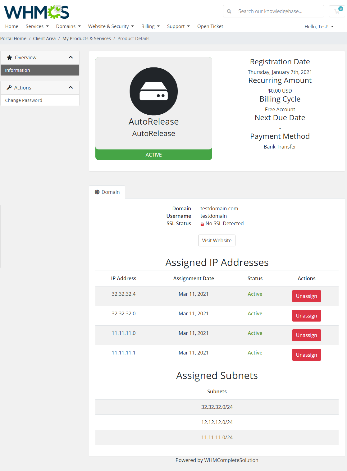 IP Manager 2.5.X For WHMCS: WHMCS Twenty-One client area product page with Assigned IP Addresses and Subnets tables
