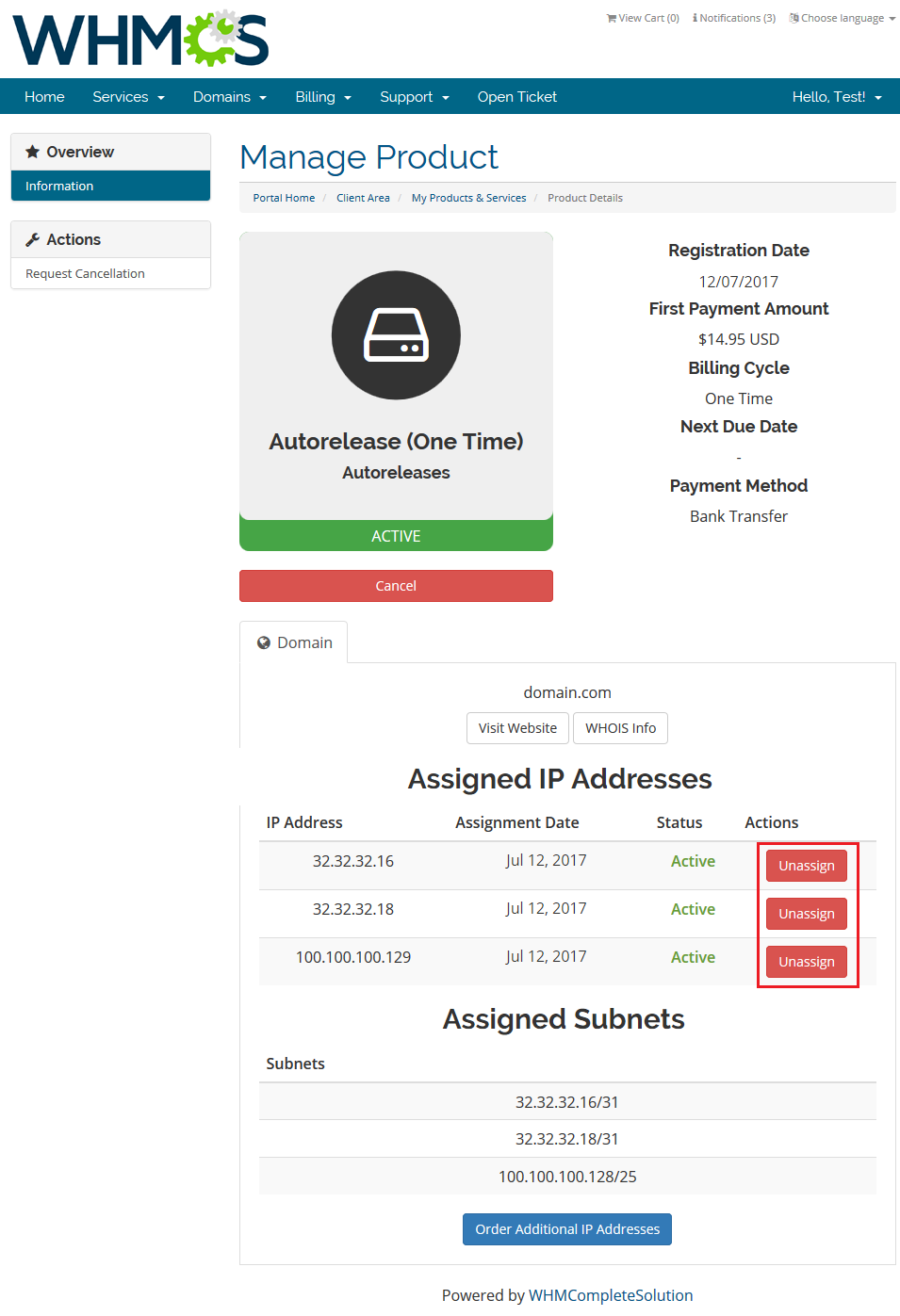 IP Manager 2.5.X For WHMCS: WHMCS client area product page with Unassign buttons highlighted in Assigned IP Addresses