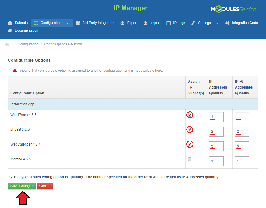 IP Manager 2.5.X For WHMCS: Configurable Options page with checked options, IP quantities and Save Changes button
