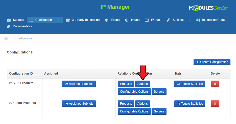 IP Manager 2.5.X For WHMCS: Configurations list with the Addons button highlighted for the VPS Products configuration