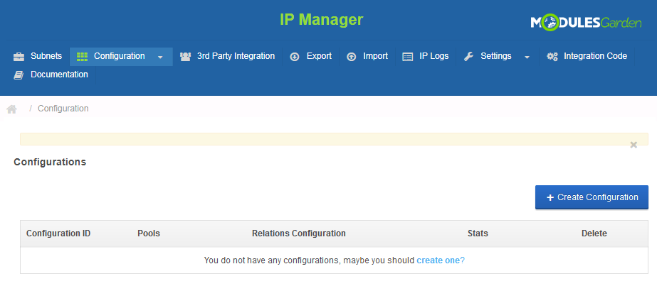 IP Manager 2.5.X For WHMCS: IP Manager Configuration page with an empty configurations list and a Create Configuration