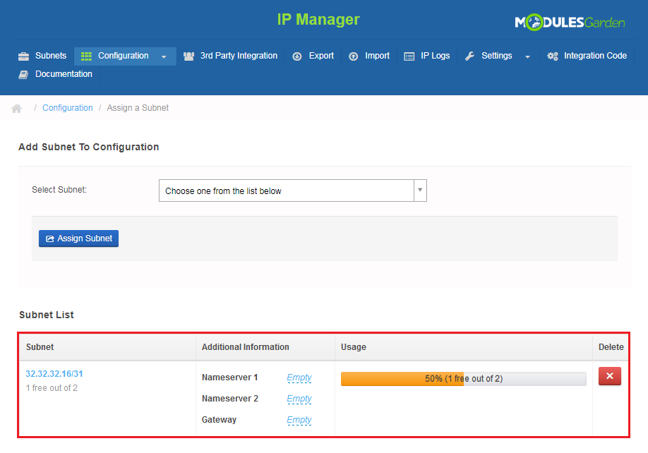IP Manager 2.5.X For WHMCS: Subnet List of a configuration showing an assigned subnet with usage bar and delete button