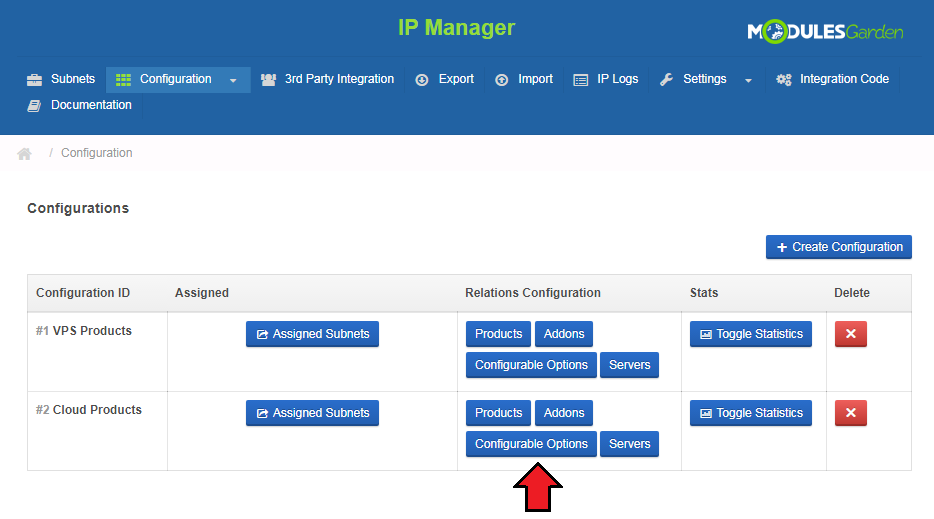 IP Manager 2.5.X For WHMCS: Configurations list with the Configurable Options button highlighted for Cloud Products