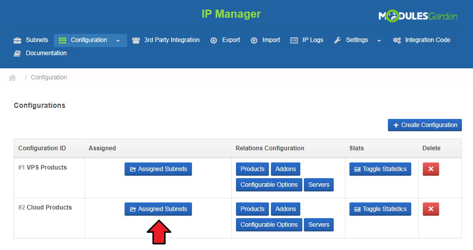 IP Manager 2.5.X For WHMCS: Configurations list with the Assigned Subnets button highlighted for Cloud Products