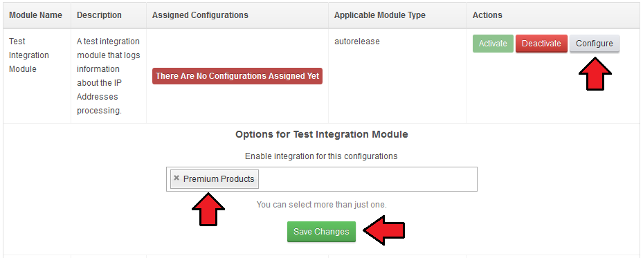 IP Manager 2.5.X For WHMCS: Options for Test Integration Module with a configuration selected and the Save Changes