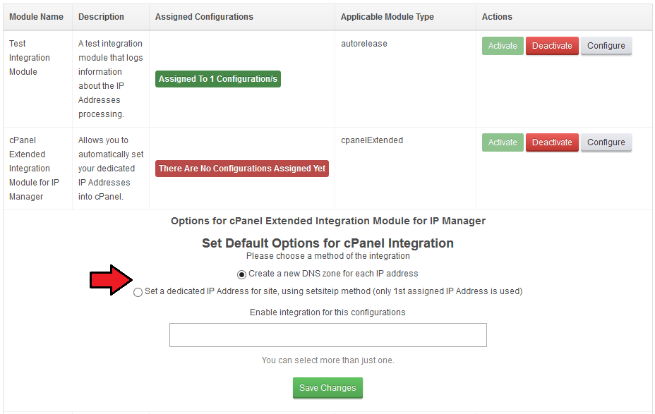 IP Manager 2.5.X For WHMCS: cPanel Extended options with the choice of DNS zone or dedicated IP method
