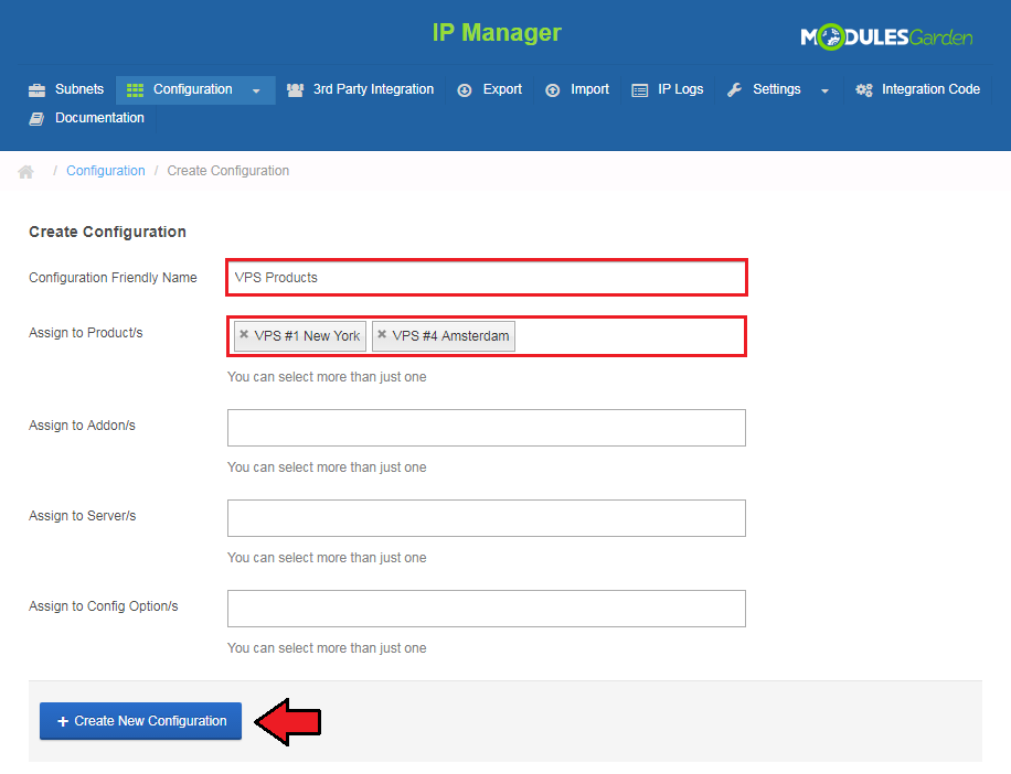 IP Manager 2.5.X For WHMCS: Create Configuration form with a name, two products selected and Create New Configuration