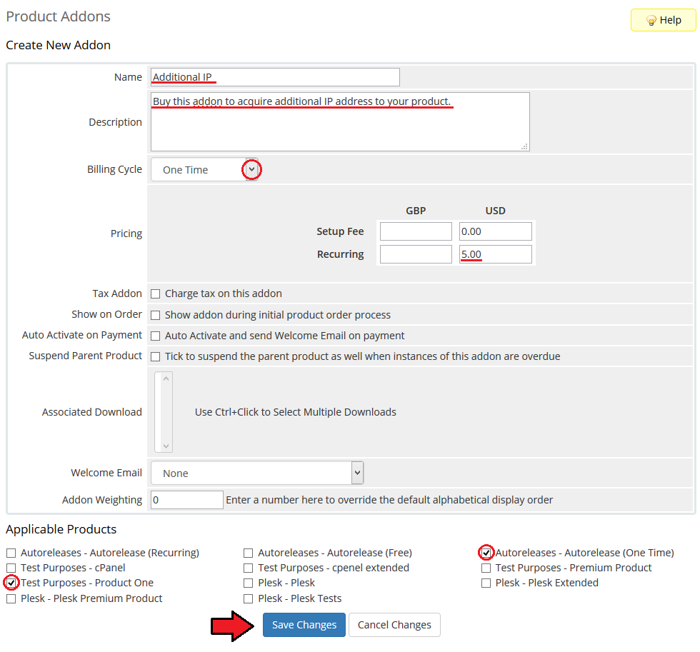 IP Manager 2.5.X For WHMCS: WHMCS admin Create New Addon form with pricing, applicable products and Save Changes