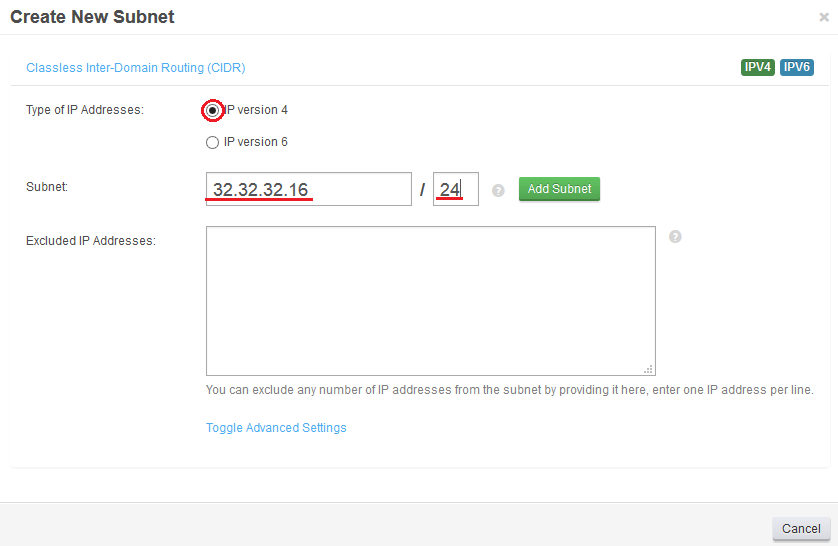 IP Manager 2.5.X For WHMCS: Create New Subnet form with IP version 4 selected and a subnet address with CIDR mask