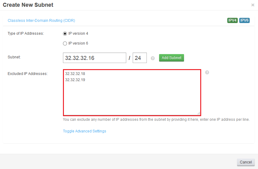 IP Manager 2.5.X For WHMCS: Create New Subnet form with IP addresses entered in the Excluded IP Addresses textarea