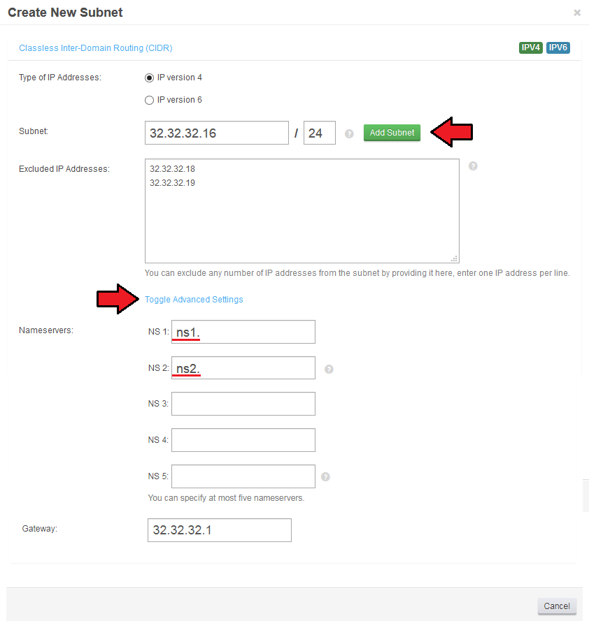 IP Manager 2.5.X For WHMCS: Create New Subnet form with nameservers, gateway, Toggle Advanced Settings and Add Subnet