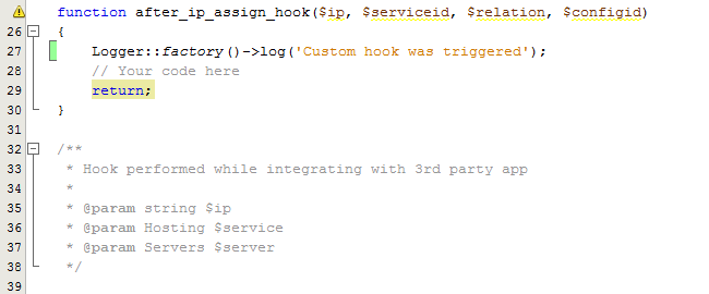 IP Manager 2.5.X For WHMCS: PHP code of the after_ip_assign_hook function with a Logger log line for a custom hook