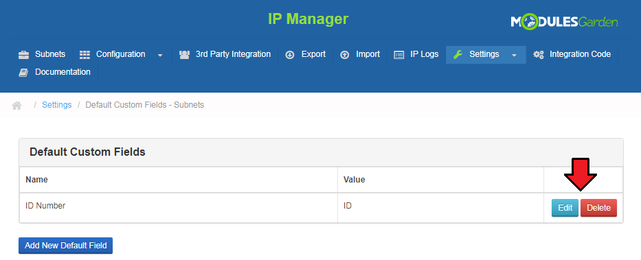 IP Manager 2.5.X For WHMCS: Default Custom Fields - Subnets table with a field row and Edit and Delete buttons