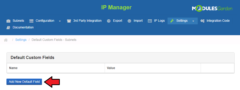 IP Manager 2.5.X For WHMCS: Default Custom Fields - Subnets page with an arrow on the Add New Default Field button