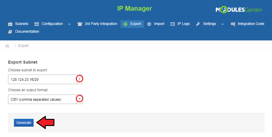 IP Manager 2.5.X For WHMCS: Export page with the subnet and output format dropdowns and the Generate button