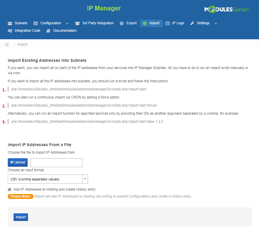 IP Manager 2.5.X For WHMCS: Import page with cron import commands and the form to import IP addresses from a CSV file
