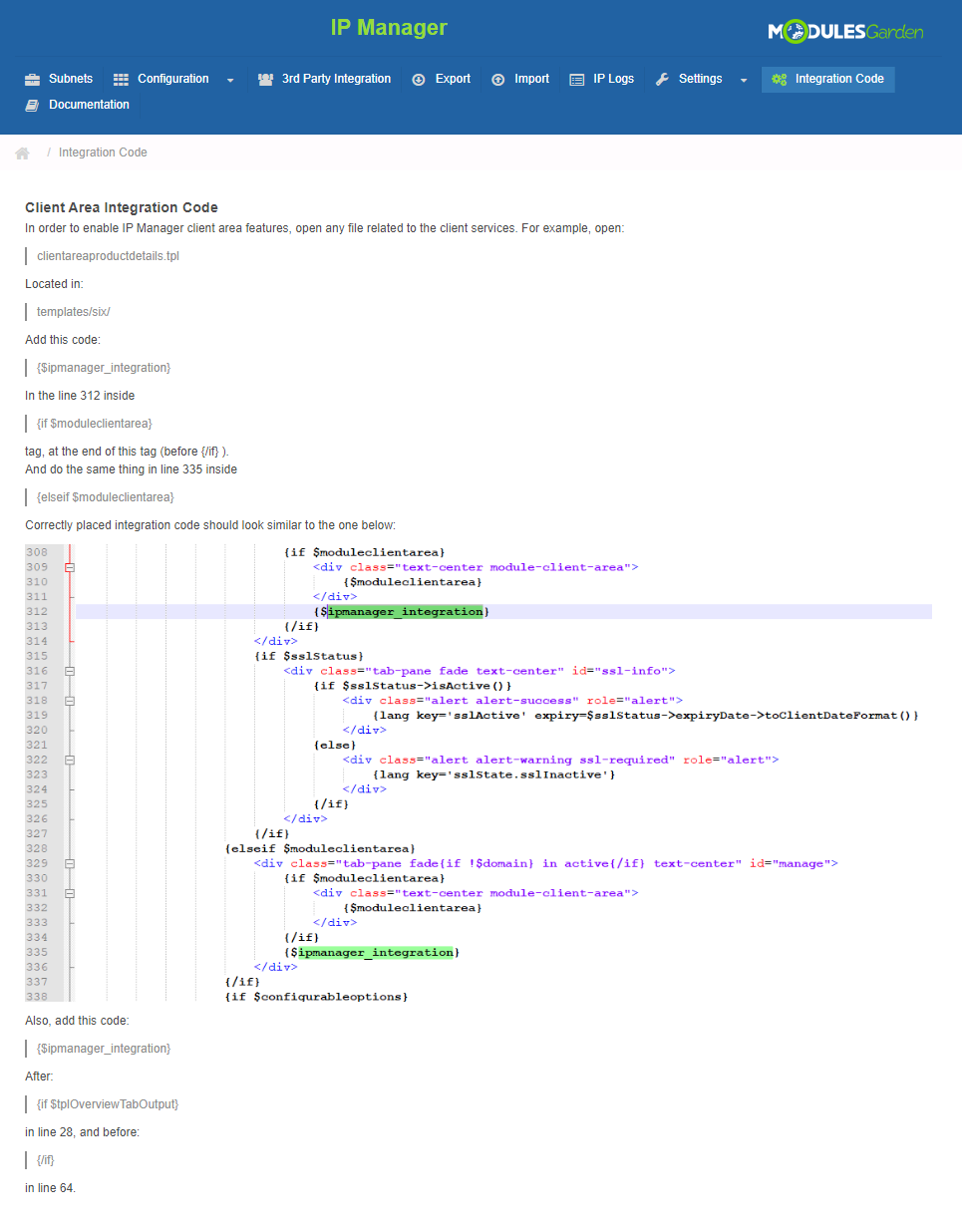 IP Manager 2.5.X For WHMCS: Integration Code page with the client area template code for the WHMCS Six theme