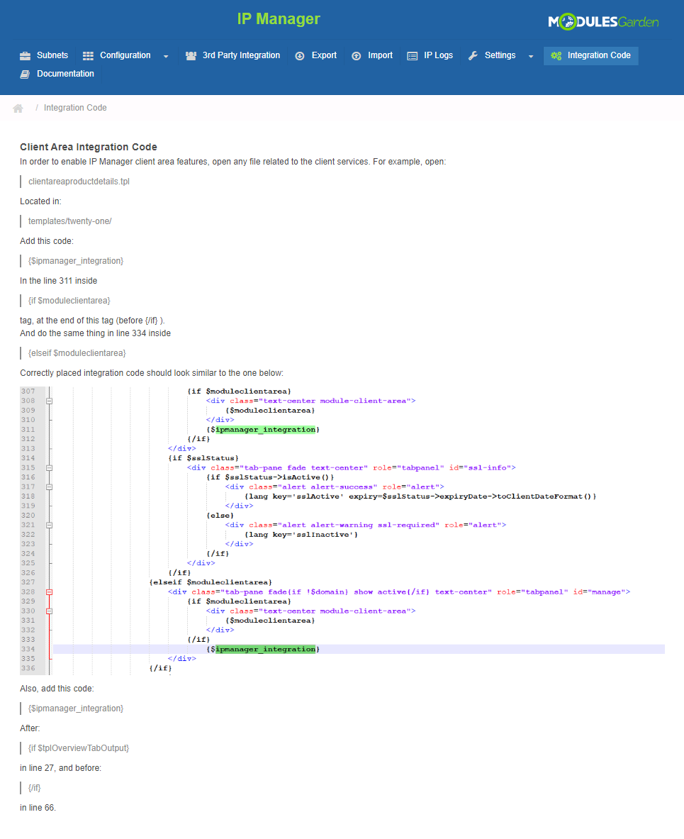 IP Manager 2.5.X For WHMCS: Integration Code page with the client area template code for the WHMCS Twenty-One theme