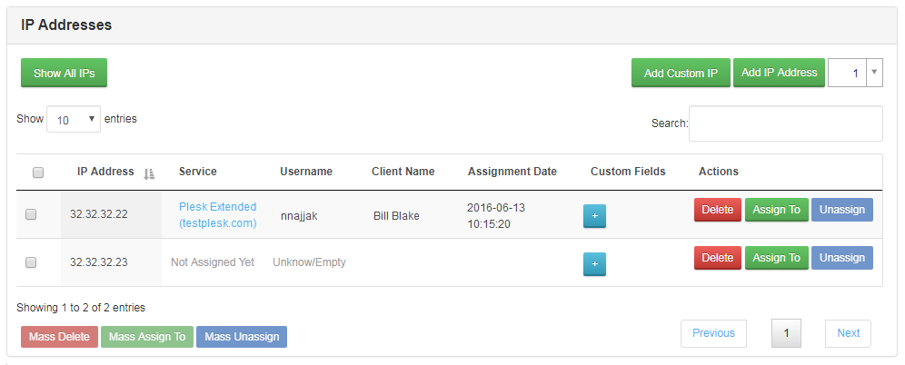 IP Manager 2.5.X For WHMCS: IP Addresses list showing one address assigned to a Plesk service and one not assigned yet