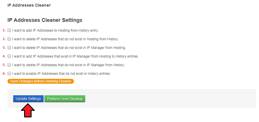 IP Manager 2.5.X For WHMCS: IP Addresses Cleaner settings with six checkboxes, Update Settings and Cron Cleanup buttons