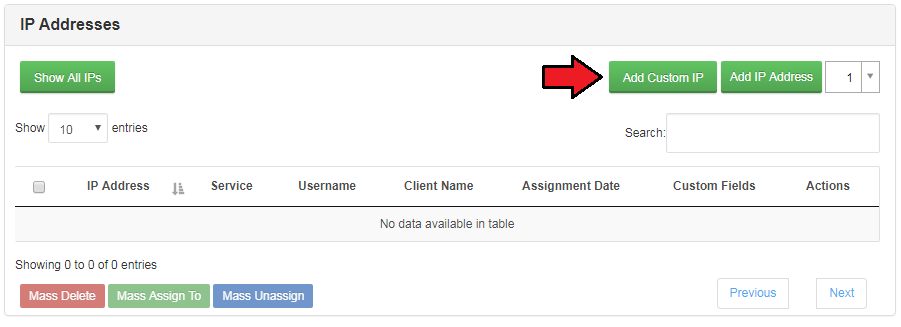 IP Manager 2.5.X For WHMCS: IP Addresses list of a subnet with an arrow on the Add Custom IP button