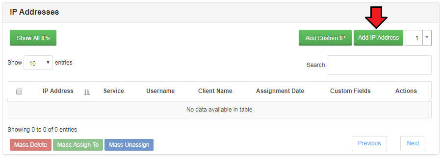 IP Manager 2.5.X For WHMCS: IP Addresses list of a subnet with the Add IP Address button and the number of addresses