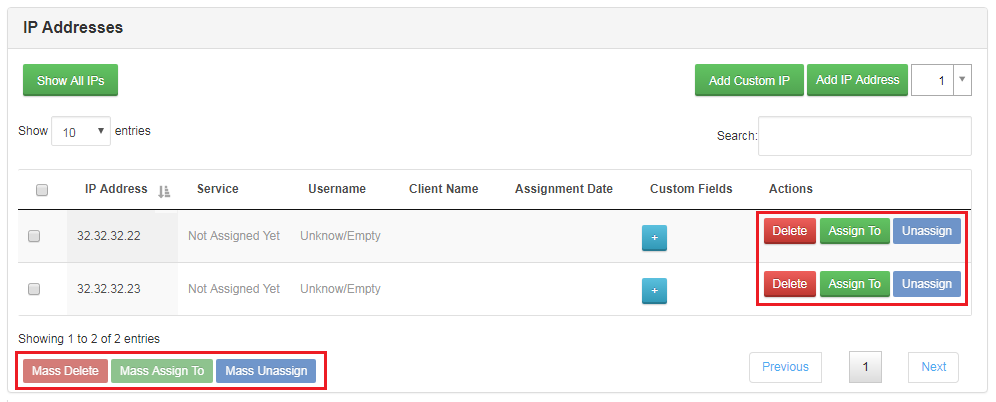 IP Manager 2.5.X For WHMCS: IP Addresses list with the row action buttons and mass action buttons highlighted