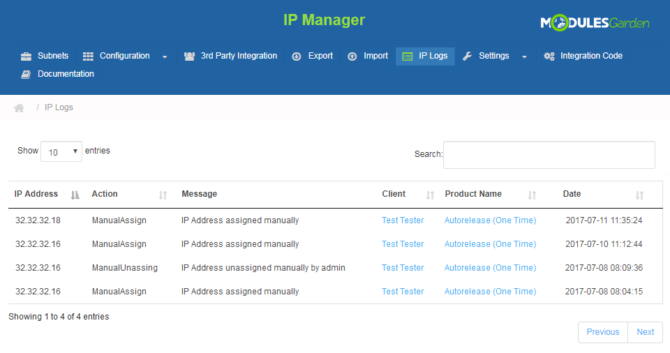 IP Manager 2.5.X For WHMCS: IP Logs page with a table of IP addresses, actions, messages, clients, products and dates