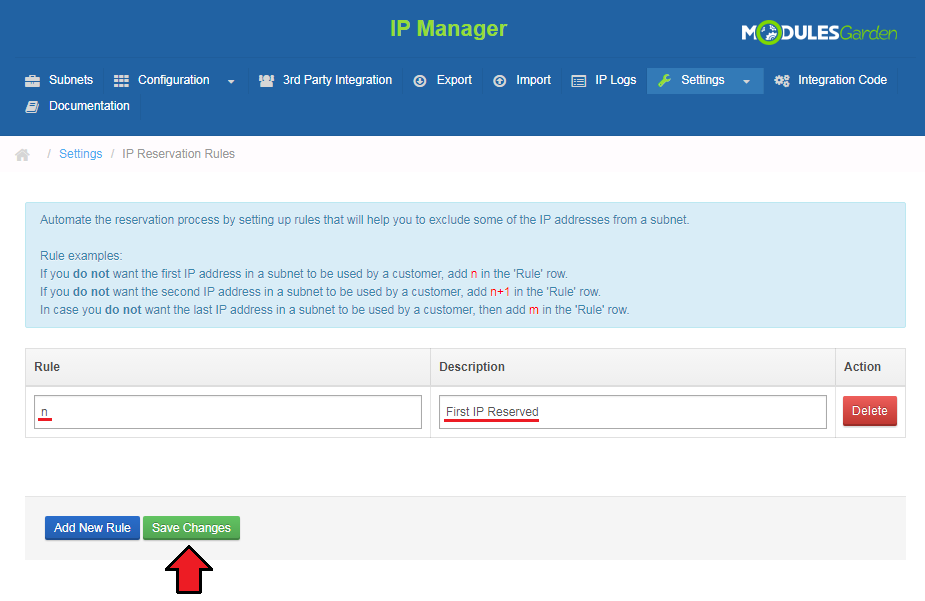 IP Manager 2.5.X For WHMCS: IP Reservation Rules page with the n rule and the First IP Reserved description