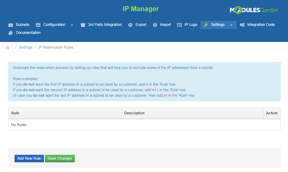 IP Manager 2.5.X For WHMCS: IP Reservation Rules page in Settings with rule examples and no rules defined