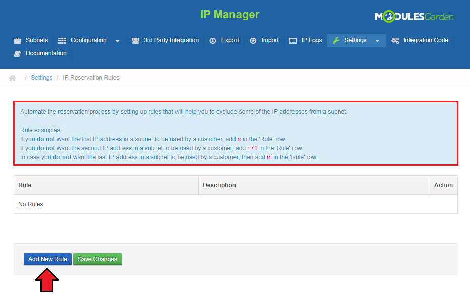 IP Manager 2.5.X For WHMCS: IP Reservation Rules page with the rule guide highlighted and an arrow on the Add New Rule
