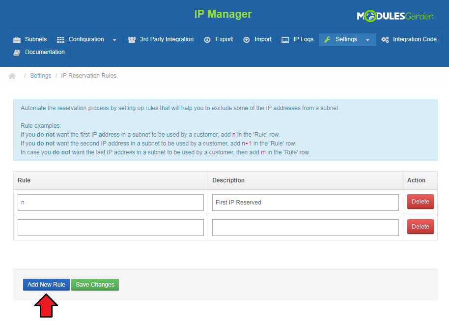 IP Manager 2.5.X For WHMCS: IP Reservation Rules page with a new empty rule row added next to the n rule