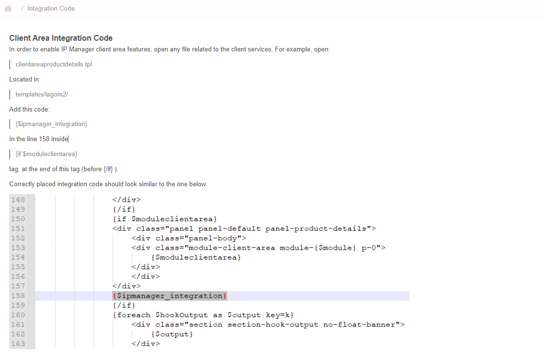 IP Manager 2.5.X For WHMCS: Integration Code page with the client area template code for the Lagom 2 theme