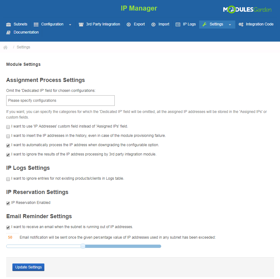 IP Manager 2.5.X For WHMCS: Settings page with module settings, IP logs, IP reservation and email reminder percentage