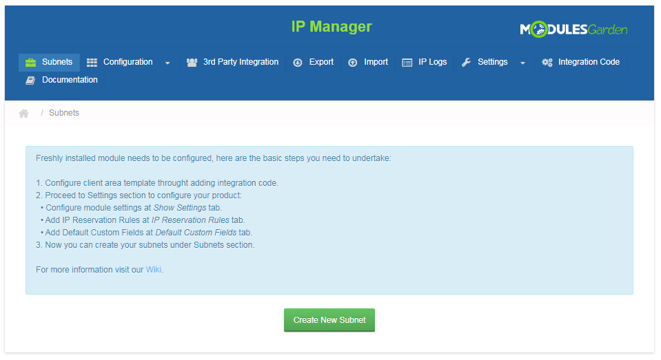 IP Manager 2.5.X For WHMCS: module home page in the WHMCS admin area with the Create New Subnet button after