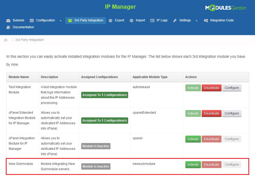 IP Manager 2.5.X For WHMCS: 3rd Party Integration list with the newly created New Submodule row highlighted