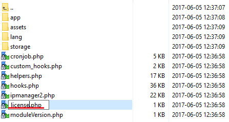 IP Manager 2.5.X For WHMCS: file manager with the licenseRENAME.php file being renamed to license.php