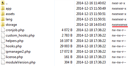 IP Manager 2.5.X For WHMCS: file manager showing the storage folder with recursive write permissions rwxrwxrwx