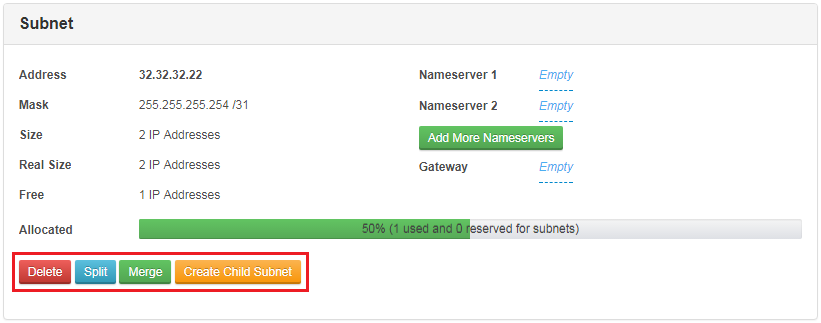 IP Manager 2.5.X For WHMCS: Subnet panel with the Delete, Split, Merge and Create Child Subnet buttons highlighted