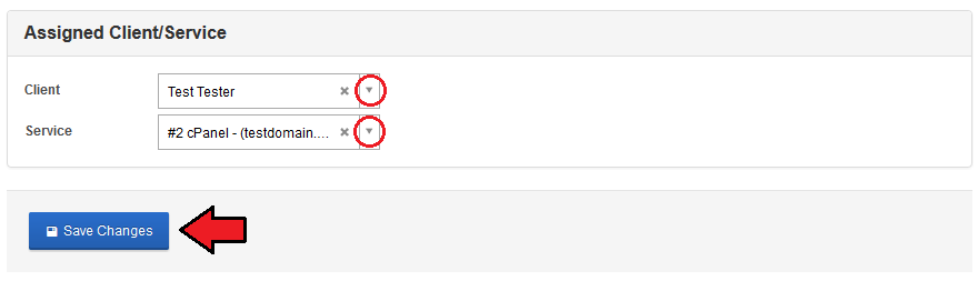 IP Manager 2.5.X For WHMCS: Assigned Client/Service section of a subnet with client, service and Save Changes button