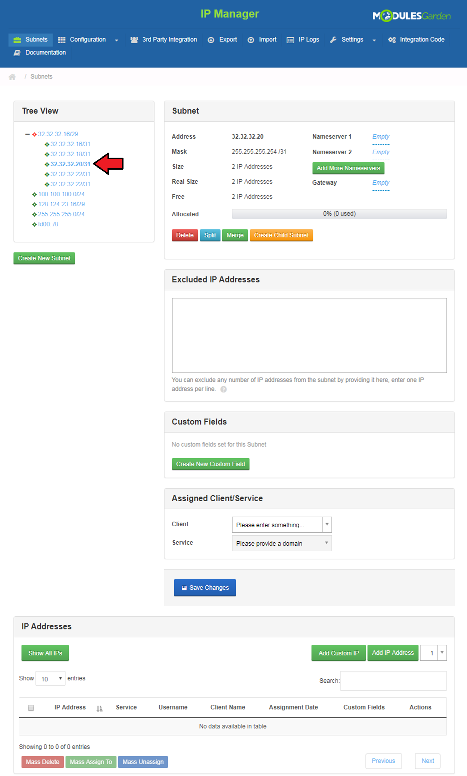 IP Manager 2.5.X For WHMCS: Subnet details page with tree view, custom fields, assigned client and IP Addresses list